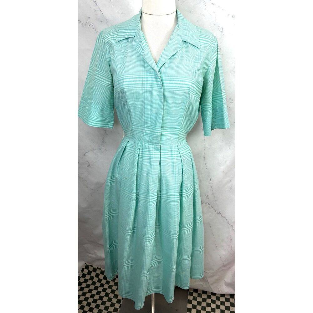 Vintage 1950s Day Dress S Plaid Collar CableGirls Union USA MCM Betty Draper 50s